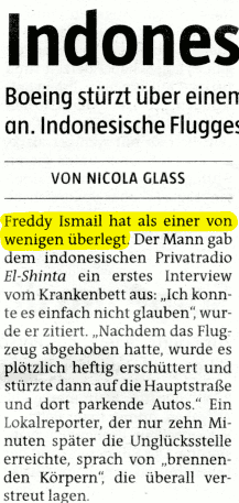 Artikel ber Flugzeugabsturz. Erste Zeile: Freddy Ismail hat als einer von wenigen berlegt.